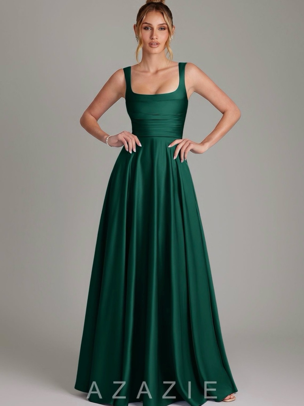 Azazie Emerald Green Stretch Satin Square-Neck Maxi Dress